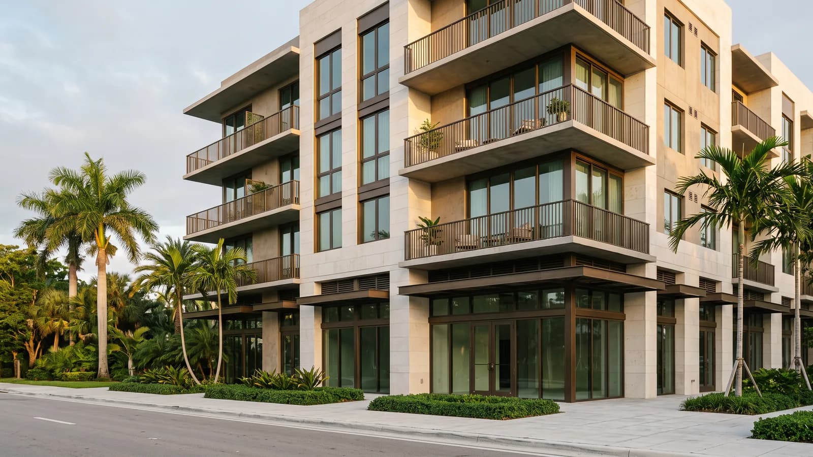 Mixed-use commercial property with apartments, retail frontage and palm landscaping